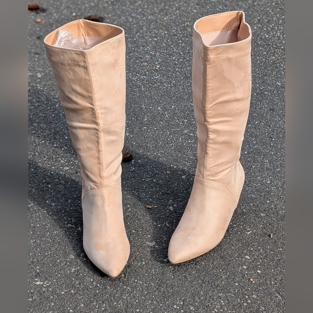 Coutgo Knee High Boots Wide Calf Kitten Heel Pointed Toe Boots Pull On (New) - Picture 9 of 13